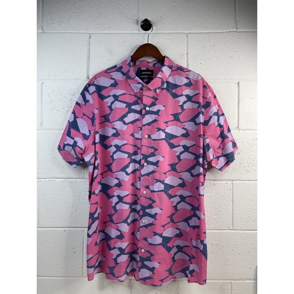 Bonobos Button Up Shirt Men XXL Blue Pink Floral Standard Fit Short Sleeve